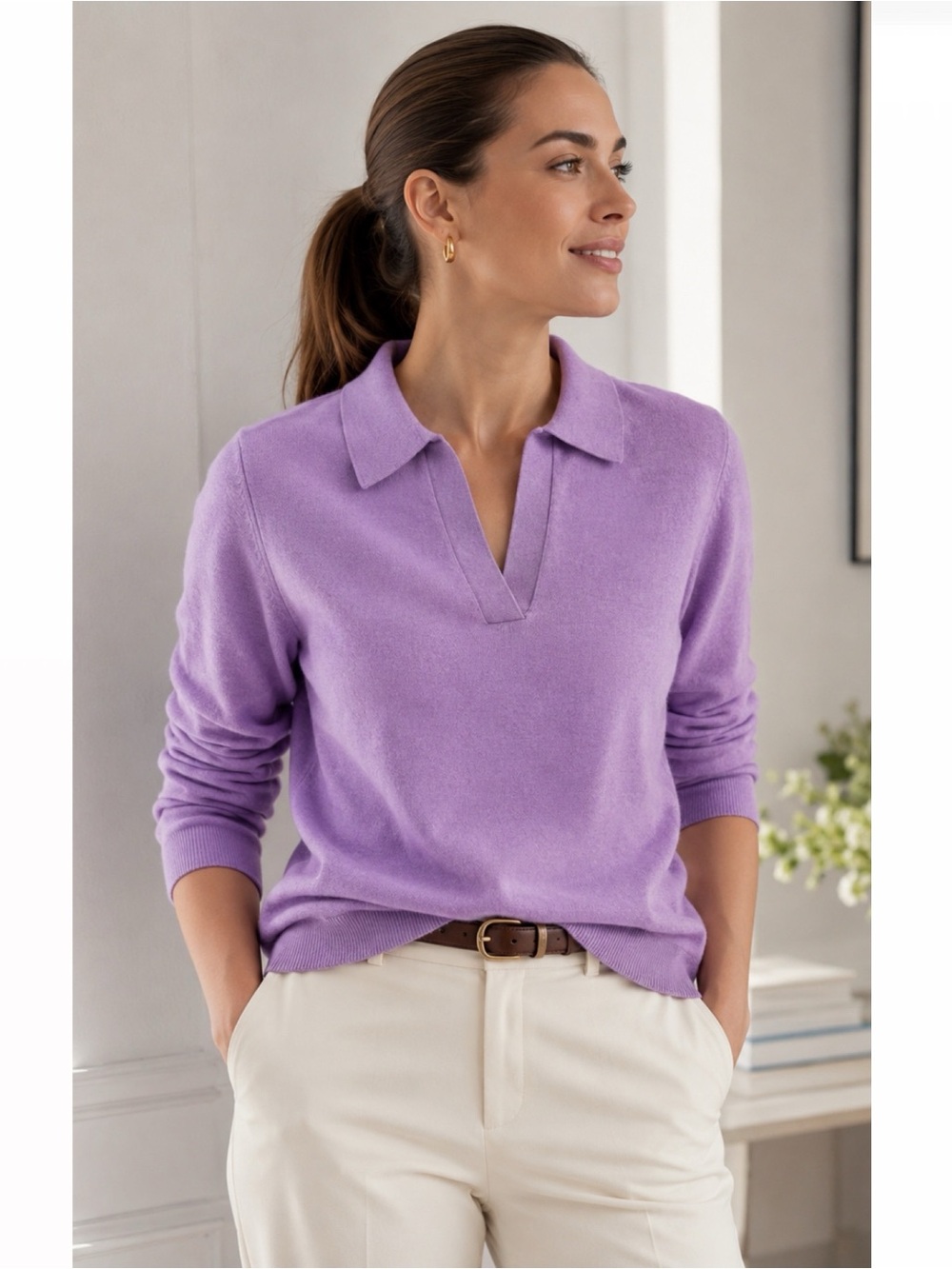 J Crew cotton Collared V-Neck Sweater Lavender size Medium
